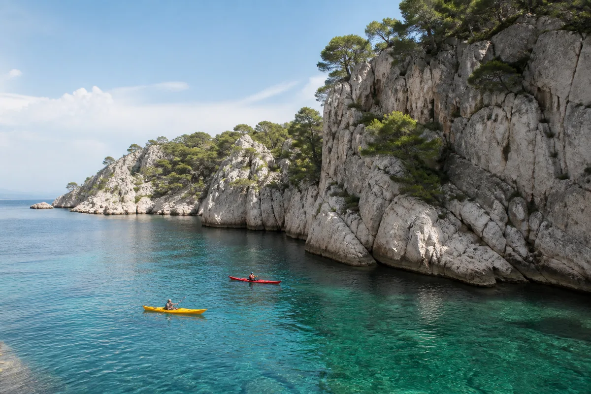 Kayaks de mer sur une eau turquoise au pied de falaises calcaires méditerranéennes