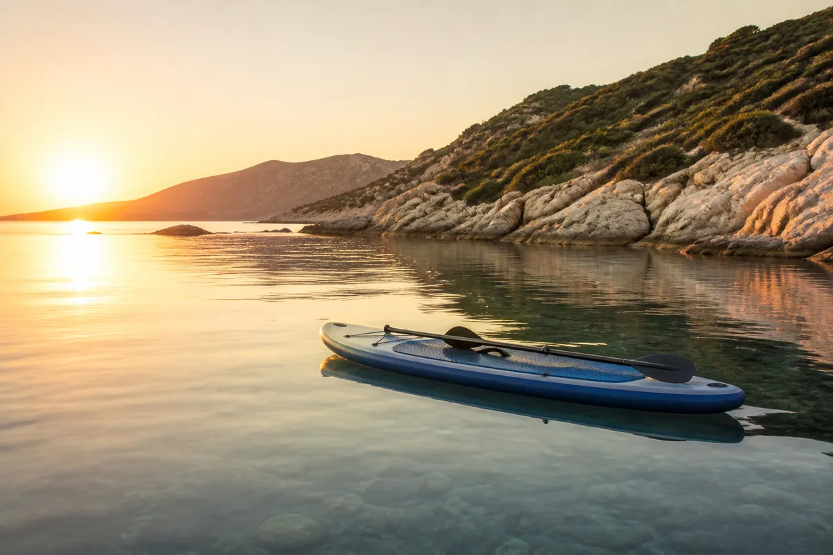 Planche de stand up paddle sur une mer calme au lever du soleil, côte rocheuse en arrière-plan