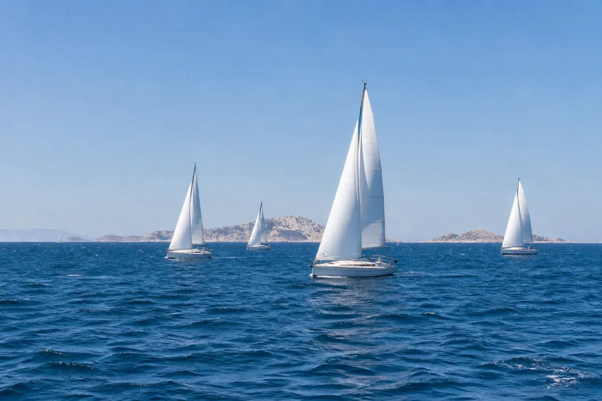 Voiliers de sport au large de Marseille avec les îles du Frioul à l&rsquo;horizon