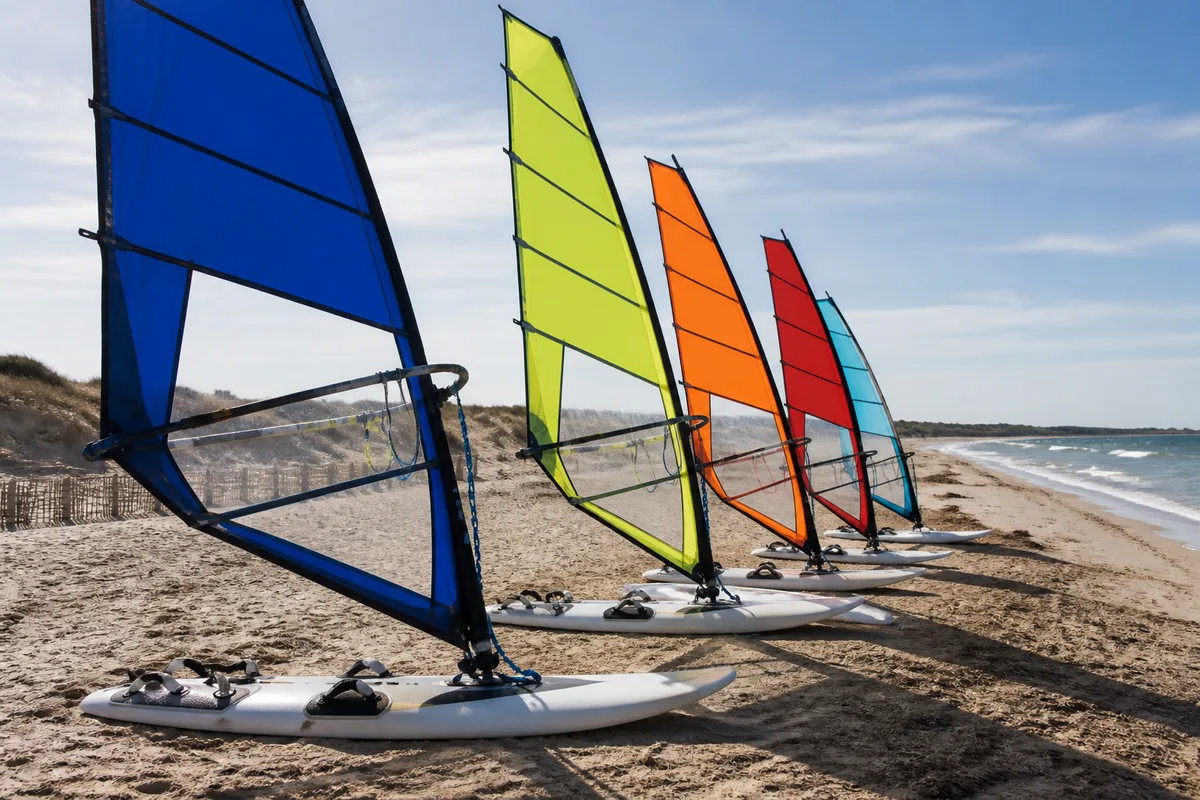 Planches à voile alignées sur une plage de sable avec le vent qui gonfle les voiles