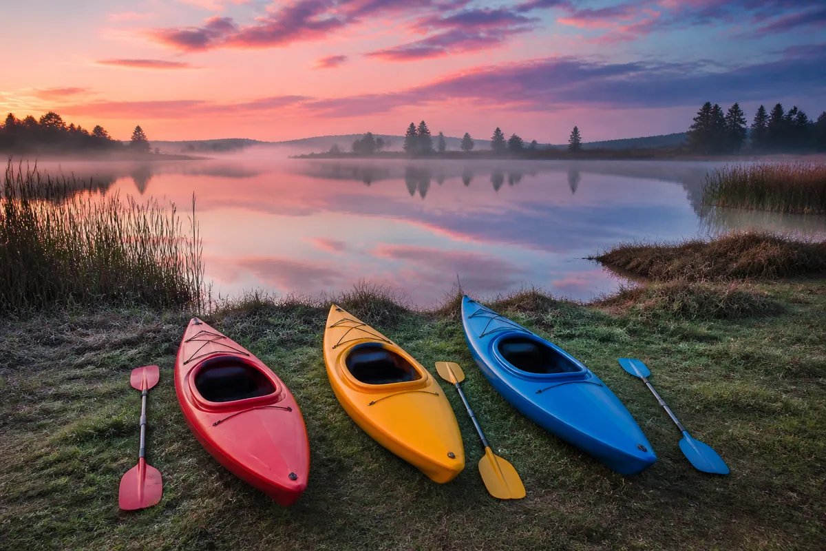 Kayaks colorés posés sur la rive d&rsquo;un étang au lever du jour, eau parfaitement lisse