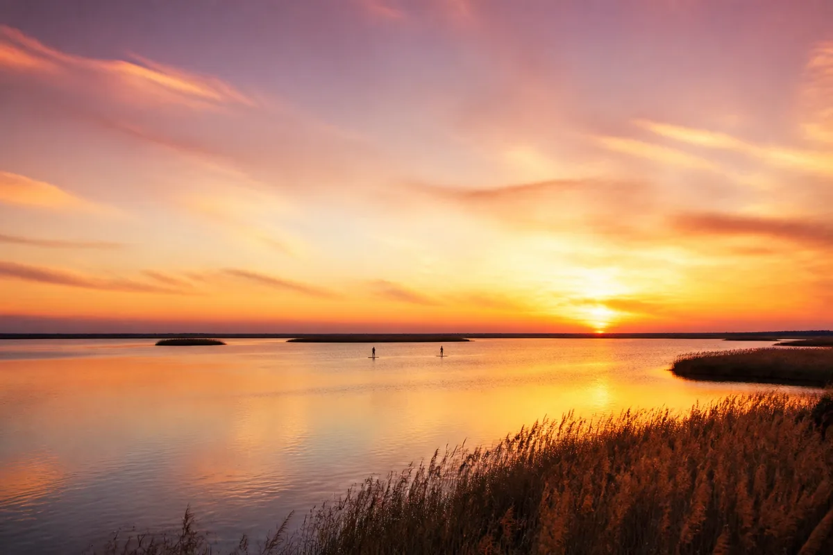 Étang bordé de roseaux au coucher du soleil avec silhouettes de pratiquants de paddle
