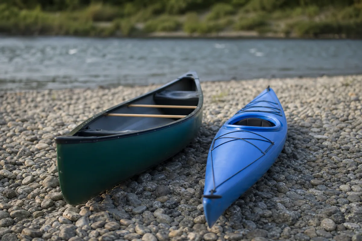 Canoë ouvert et kayak ponté posés côte à côte sur une berge de rivière