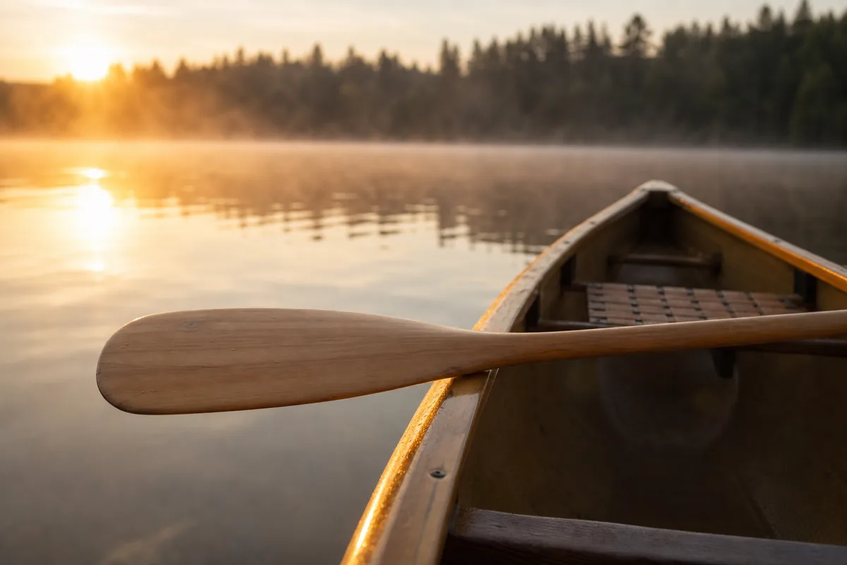 Pagaie simple en bois posée en travers d&rsquo;un canoë sur un lac au lever du jour