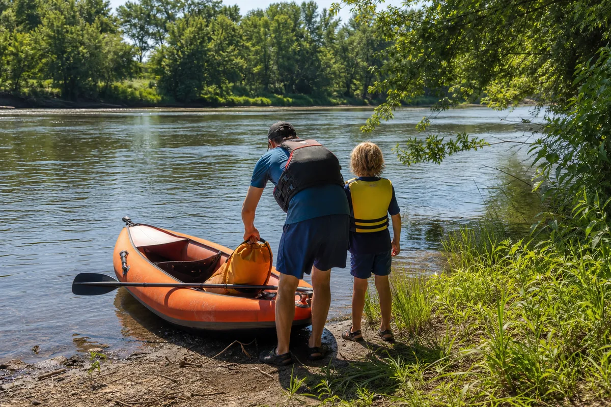 Famille chargeant un canoë gonflable au bord d&rsquo;une rivière calme en été