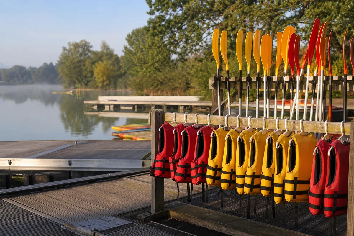 Gilets de flottabilité et pagaies alignés sur le ponton d&rsquo;une base nautique