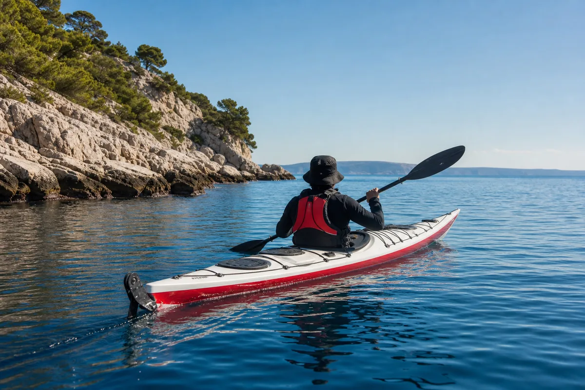 Kayak de mer ponté longeant une côte rocheuse par temps calme