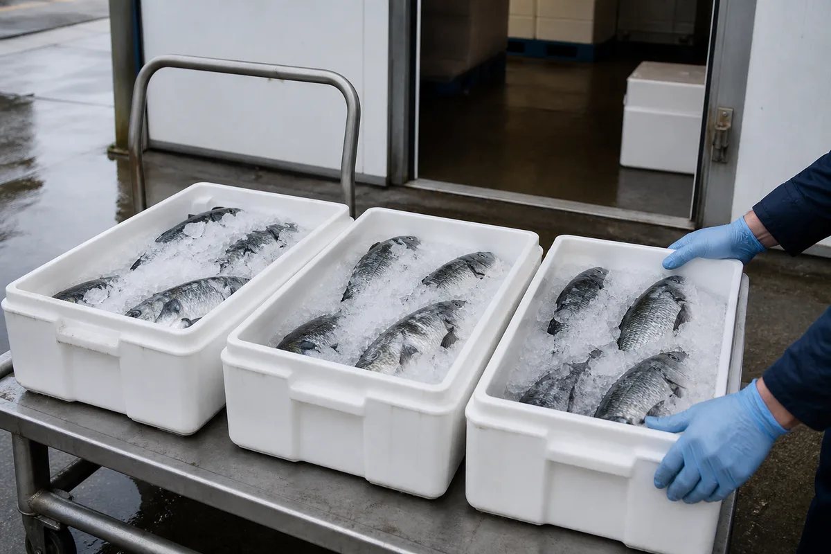 Cageots de poissons frais posés sur glace pilée à l&rsquo;arrivée en réserve, lumière froide de quai