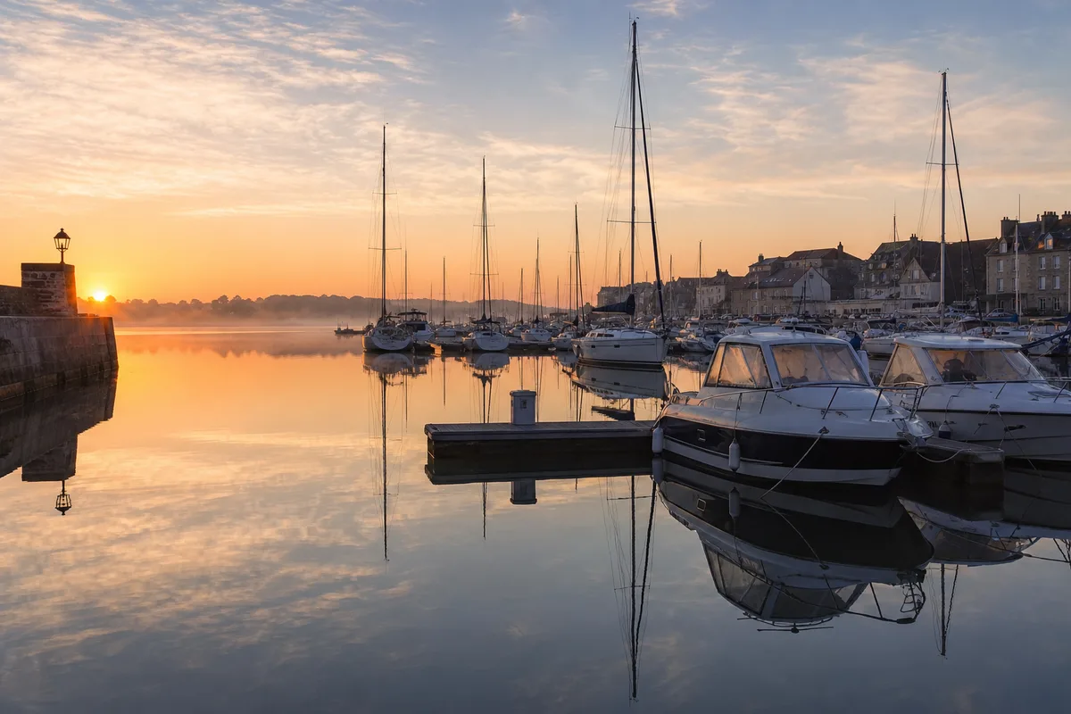 Port de plaisance au petit matin avec une mer d&rsquo;huile et des bateaux de promenade à quai