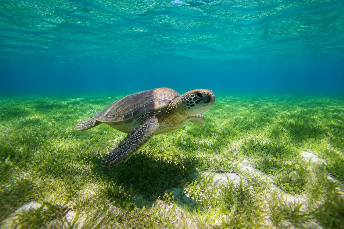 Tortue verte nageant au-dessus d’un herbier marin dans une eau claire et peu profonde