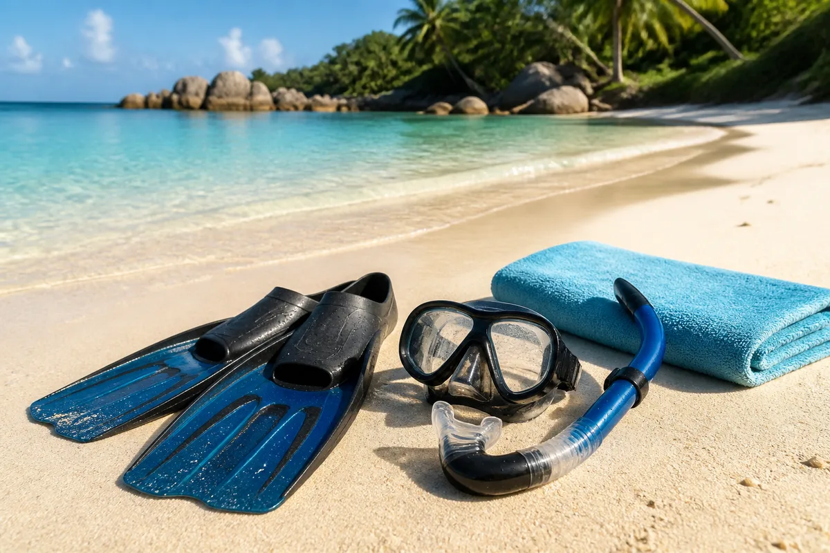 Palmes, masque et tuba posés sur une plage de sable clair au bord d’une eau turquoise