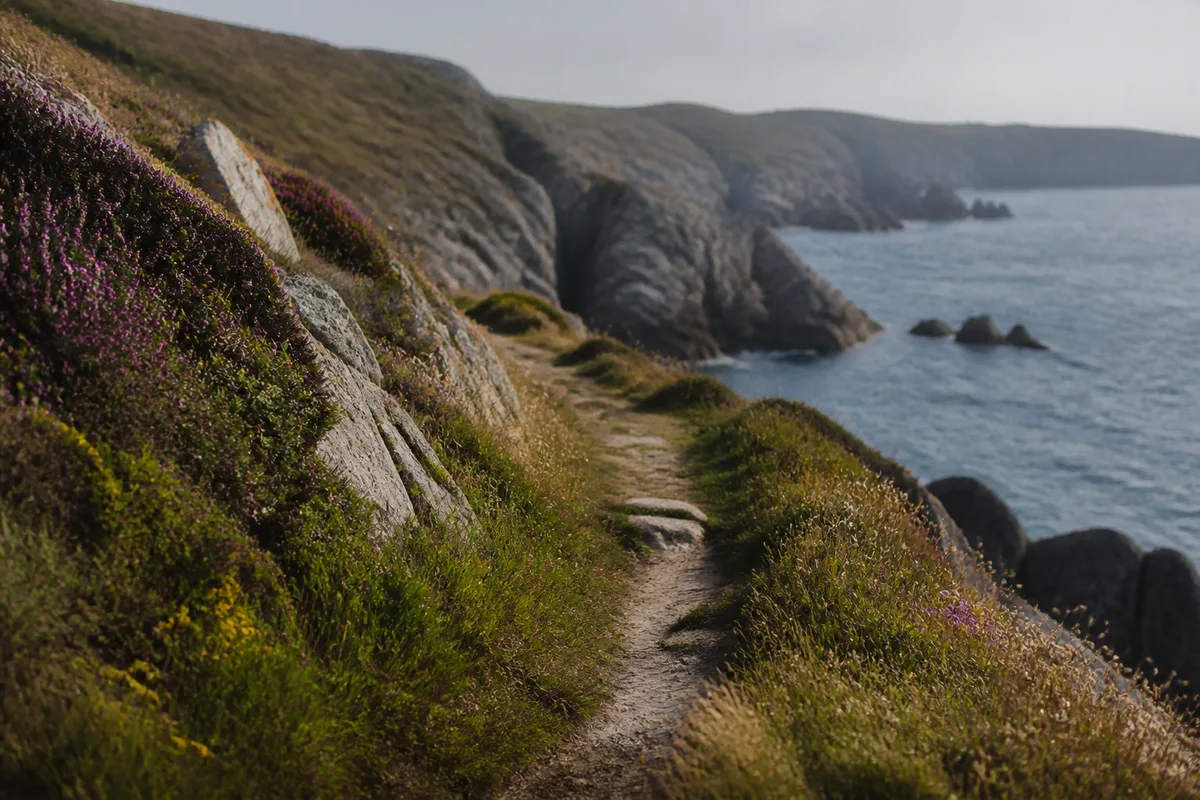 Sentier côtier étroit longeant des falaises bretonnes couvertes de landes