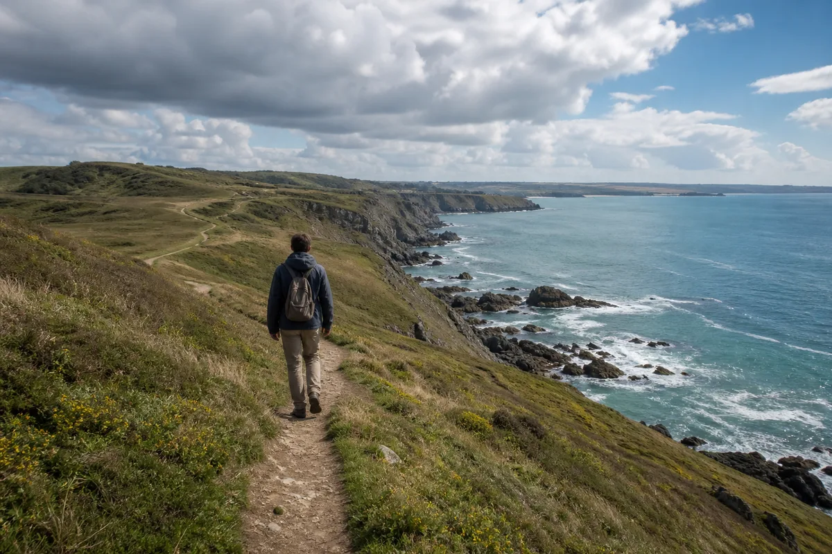 Randonneur de dos marchant sur un sentier littoral breton sous un ciel changeant