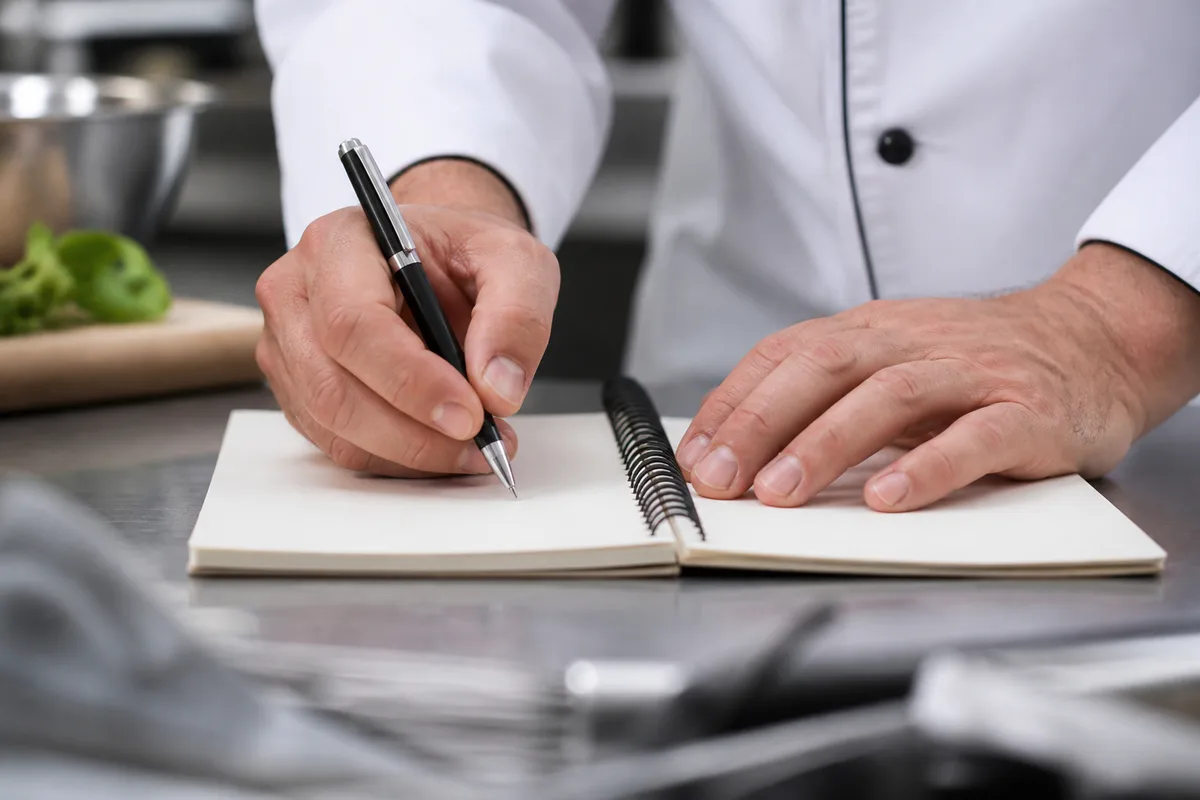 Cuisinier notant une commande sur un carnet dans une cuisine de restaurant de bord de mer