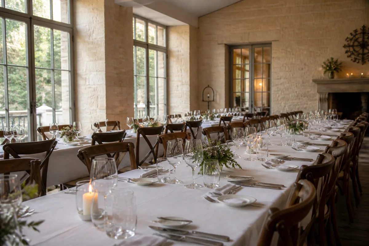 Salle de restaurant dressée pour un repas de groupe, tables assemblées et couverts alignés